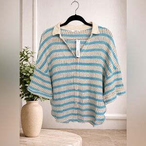 Timing Crochet Knit Striped Blue Cream Short Sleeve